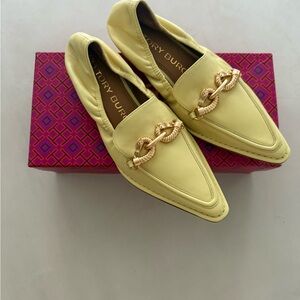 Tory Burch Lemon Loafers with Gold Chain Detail